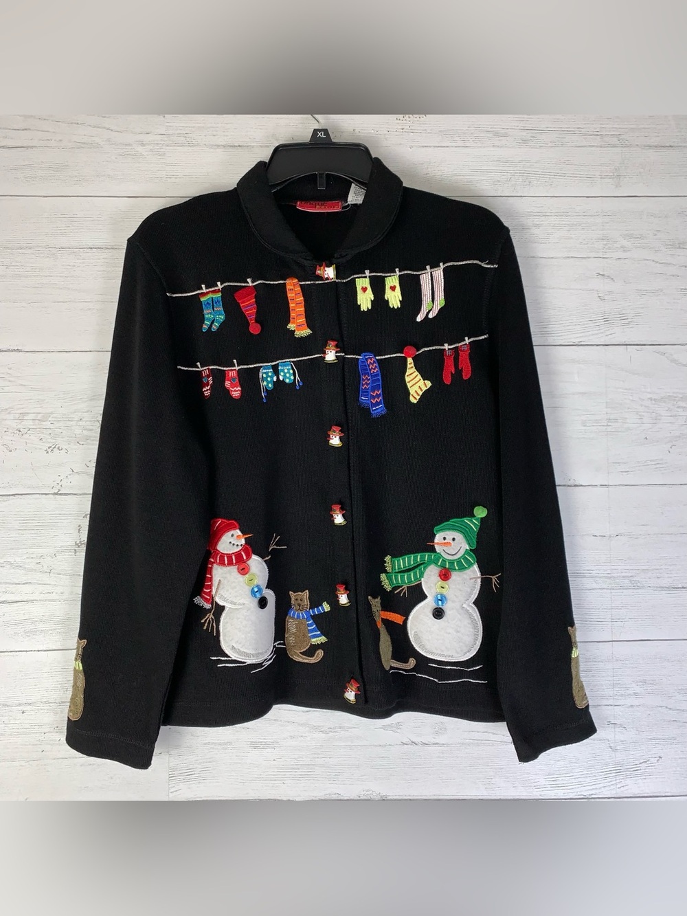 Onque Casuals Sweater petite medium Black Cardigan Cats Snowman Novelty Vintage